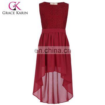 Grace Karin Children Kids Sleeveless Crew Neck High-Low Lace Chiffon Red Splicing Girls Dress 2-12 Years Old CL008976-1