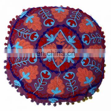 Home Decorative Suzani Embroidered Cushion Cover Uzbek Cotton Pillow Case PomPom