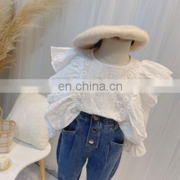 Girls' fresh and sweet big lotus leaf embroidered shirt, children's baby lady, western style all-match base coat autumn