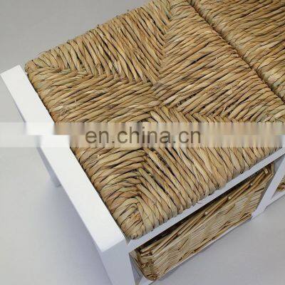 White Two Seater Wooden Storage Bench With Wicker Baskets and Seating photo-3