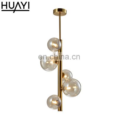 HUAYI Golden Cognac Glass Pendant Light For Home Hotel E27 Led Wood Fabric Standing Lighting Fixture