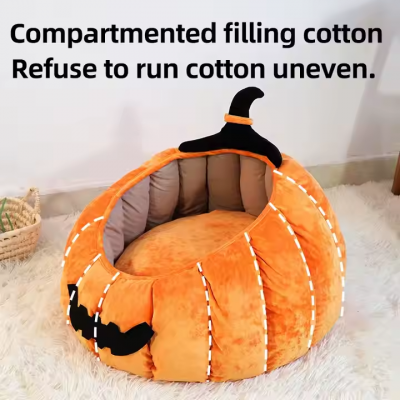 Meow Love Halloween Pumpkin Nest Cat Dog Waterproof Winter Warm Pet Calming Bed