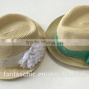 High quality cheap Panama straw hats for girl with lace flower trim