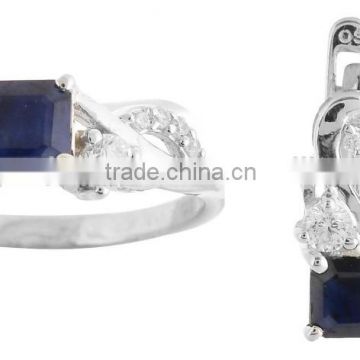 Beautiful Blue Sapphire With CZ Women's Ring Earring Set