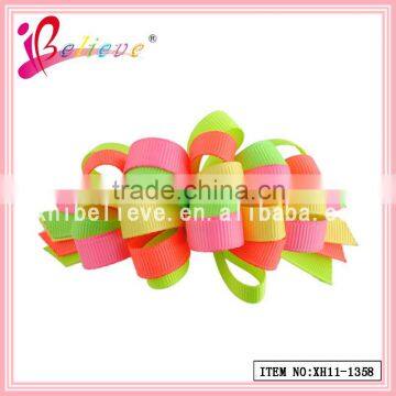 Neon spring colors grosgrain ribbon bow handmade kinky french barrette hair clips wholesale for women (XH11-1358)