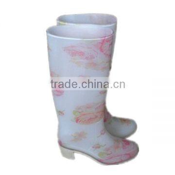 ladies flower print white PVC rain boots with heel durable garden shoes