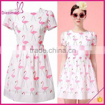 White Swan Print Elegant Short Sleeve Skater Flamingo Print Dress