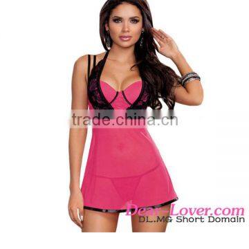 Rosy Lace Accent Waist soft Babydoll with Thong nightwear chemise