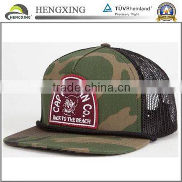 Custom camo trucker cao with woven patch and string