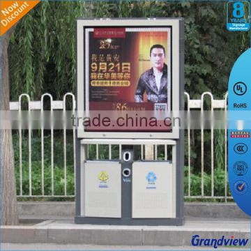 Outdoor rotating advertising billboard with garbage bin