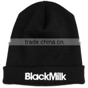 Girls Black Custom Knitted Beanie Winter Hat With White Embroidered Logo