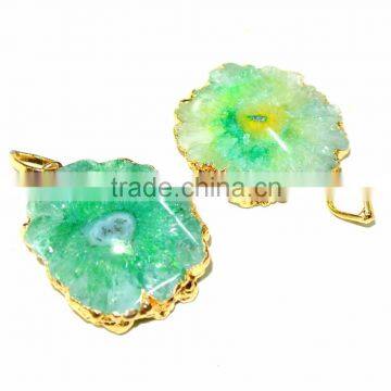 ELECTROPLATED GREEN SOLAR QUARTZ DRUZY GEMSTONE PENDANT