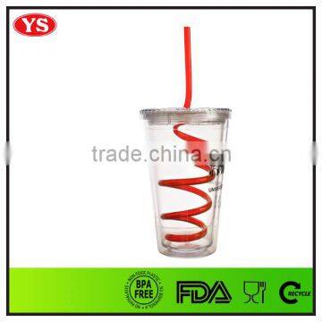 16oz Bpa Free Double Wall Plastic Cup With Spiral Straw