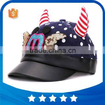 Fancy sequins wing M 6panel leather kids baseball cap 3D ox horn cotton baby hats