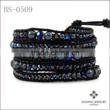 Mix Black Beads Graduated Wrap Bracelet On Black Leather