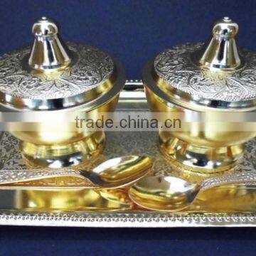 Indian Wedding Gift, Wholesale Low Price Return Gift Gold Plated Brass Bowls and Tray Set photo-2