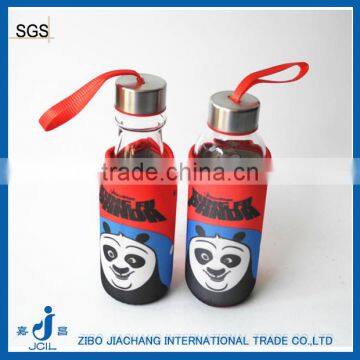 printed glass water bottle with protective sleeves and ribbon