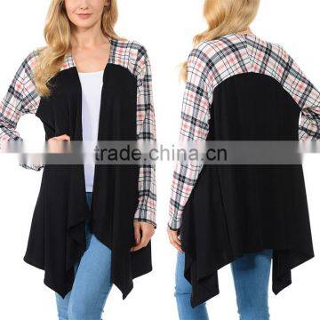 Alibaba China Women Clothes Latest Stylish Long Shirt Tunic Plaid Flowing Ruffly Two Colour Combination Sweater Cardigan