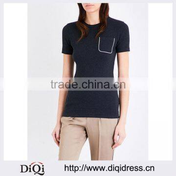 Wholesale Women Apparel Modern Design Round Neck Short Sleeves Patch-pocket Jersey T-shirt(DQE0248T)