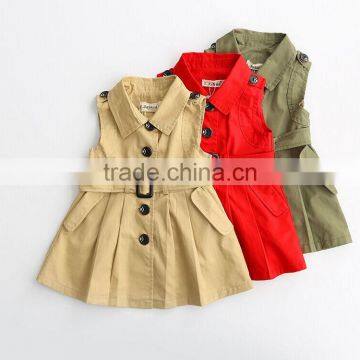 New coat design girls sleeveless belt trench coat khaki green red 3 color avaliable