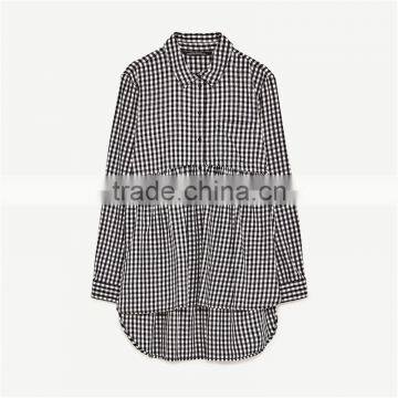 2017 OEM Spring Long Sleeves Babydoll Gingham Shirt With Flounce Uneven Hem photo-6