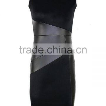 2017 Women Sexy Round-collar Panelled Stitching Leather High-waisted Casual Dress Party Dresses photo-2