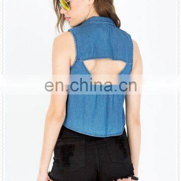 Woman Fashion Single Chest Pocket Cropped Denim Sexy Cotton Shirt photo-3