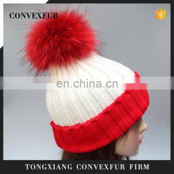 Stock hat fashion winter real big raccoon fur ball knitted beanie hat