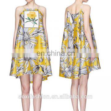 OEM service supply type halter neck sleeveless printed chrysanthemum evening yellow colour party dress