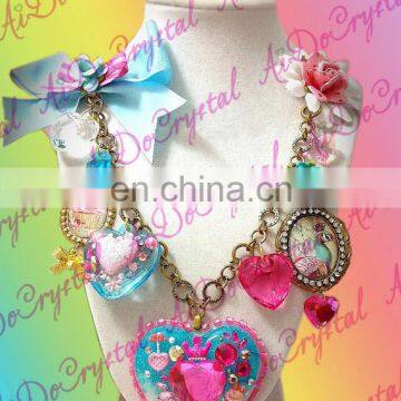 Poison Marie Antoinette Cupcake Cameo Aqua and Pink Sparkle Heart Kawaii Charm Necklace