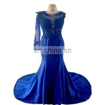 High Quality Wholesale Exquisite Blue Long Sleeve Floor Length Beaded Satin Appliqued Peplum Women Prom Dress