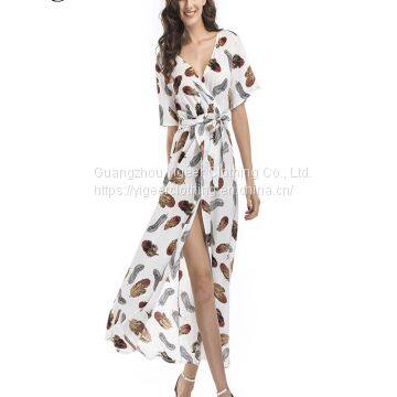 Half Sleeve Leaf Printed Front Open Waist Tied Women Dress photo-4
