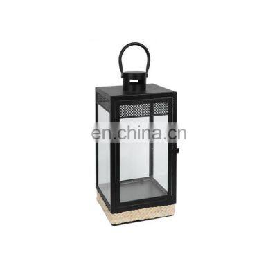 K&B black decorative metal glass lantern withhandle glass candle lantern with bottom corn leaf