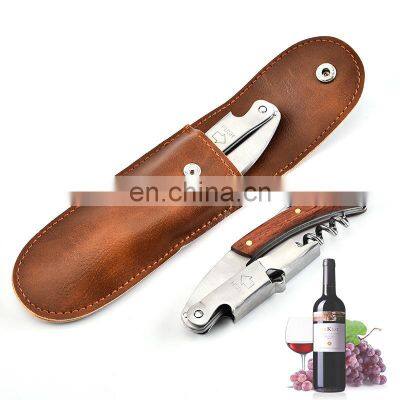 Multifunctional Champagne Stainless Steel Engraved Knife Custom Wooden Red Corkscrew Wine Opener