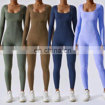 Women Seamless Sexy One Piece Sports Yoga Gym Jumpsuit Long Sleeve Ribbed Fitness Dance Bodysuit Set Playsuit Workout Clothes