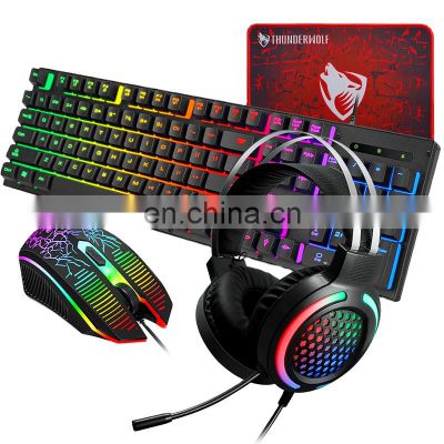 Wired Keyboard Mouse Headset Mouse Pad Key Mouse Set Luminous Game Office 4 IN 1 Four Sets