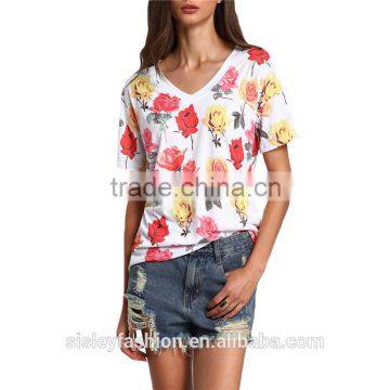 Women's V Neck Floral Print Tees Fashion Women Tops 2016 Ladies Multicolor Short Sleeve Casual Cute T-shirt TS075