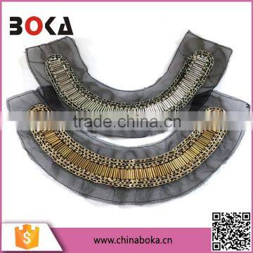 Fashion beaded neckpiece with polyester sew on stones /bugles stones/chain beads necktrim