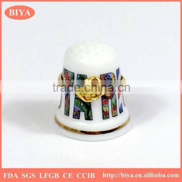 thimble souvenirs porcelain thimble set or ceramic hand ring jewelry holder with gold paint line and custom decal design logo