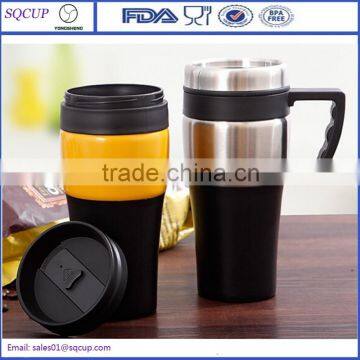 high quality fresh pp plastic inner stainless steel outer travel mug with handle auto mug custom printed thermos mug