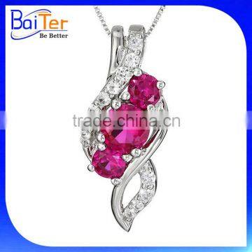 Fashion White Gold Plated 3 Three Stones Cubic Zircon CZ Genuine 925 Sterling Silver Lab Created Ruby Pendant