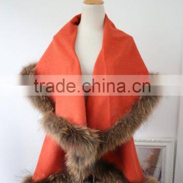 Glamour Style Cashmere Shawl Fluffy Raccoon Fur Trim Pashmina Cape Poncho