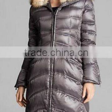 100% polyester grey color woman down jacket with fur trim