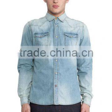 Double breast pockets with snap button closure Blue denim shirt JX12001