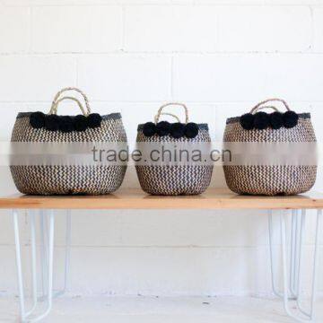 Set of 3 black zigzag pompom belly basket