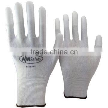 NMSAFETY 13 g polyester gloves with white PU coating on fingers esd top fit safety wrok gloves/protective gloves