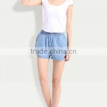 Top Fashion Summer Loose Fit Light Blue Washed Sexy Women Elastic Waist Denim Shorts photo-2