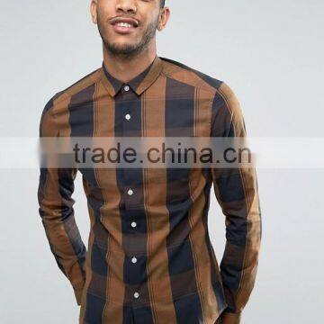 Custom Logo Long Sleeve Spread Collar Mens Pre-Shrink 97% Cotton 3% Elastane Breathable Slim Fit Casual Big Plaids Shirts