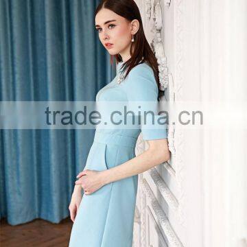 Ladies Slim Fit Light Blue Short Sleeve Elegent Dress photo-3
