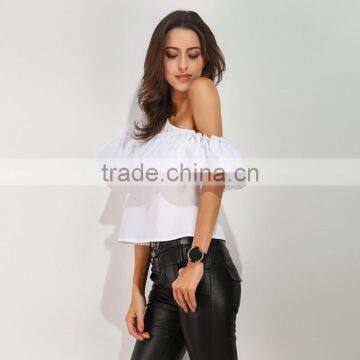 New Style White Lotus Leaf off Shoulder Ladies Crop Top Latest Blouse Designs for Back photo-4